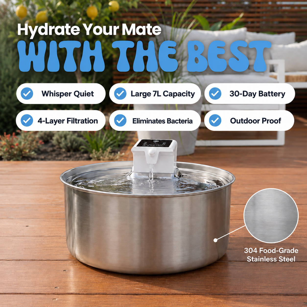 GuzzleGuts 7L Cordless Stainless Steel Dog Water Fountain
